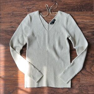 ANN TAYLOR Metallic Ribbed V-Neck Sweater with Faux Pearl Accents